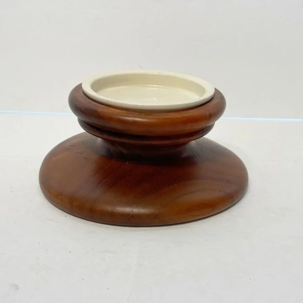 Vintage Teak Wood Pillar Candle Holder White Ceramic Insert Mid Century Modern